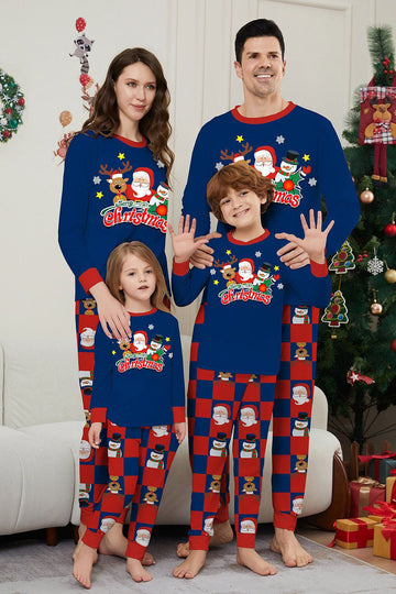 Pantalon à carreaux bleu foncé imprimé à manches longues Ensemble de pyjama de Noël